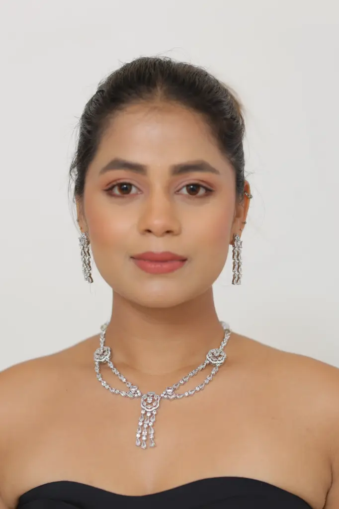 Silver Polished Princess cut American Diamond Necklace Set