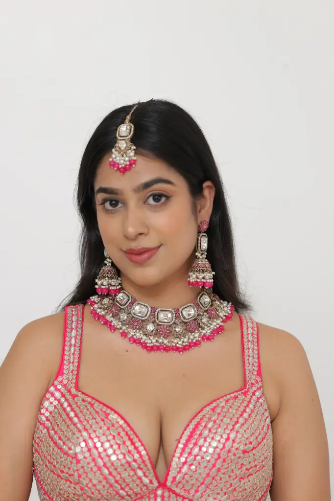 Kundan Necklace Set with Magenta Beads  