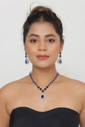 [00017] Silver Necklace Set with Blue Stones 